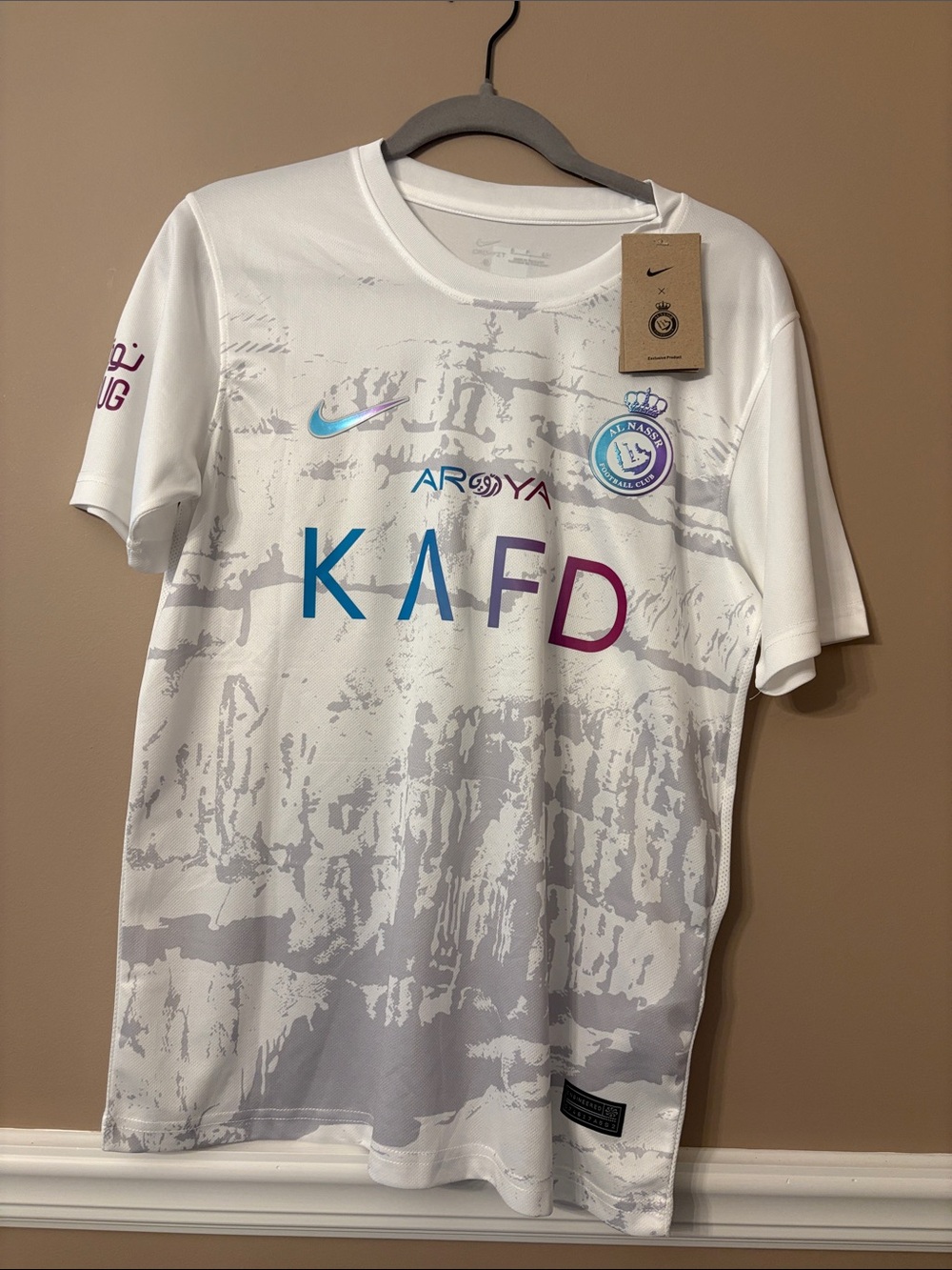 Nike White Al Nassr Away Football Jersey with Multicolor KAFD Print